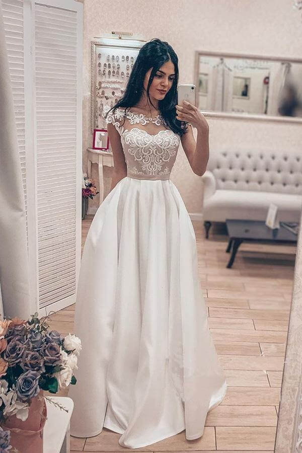Vintage A-line Satin Lace Bodice Bateau Neck Corset Back Wedding Dresses, MW747 | satin wedding dresses | lace wedding dress | wedding gowns | www.musebridals.com